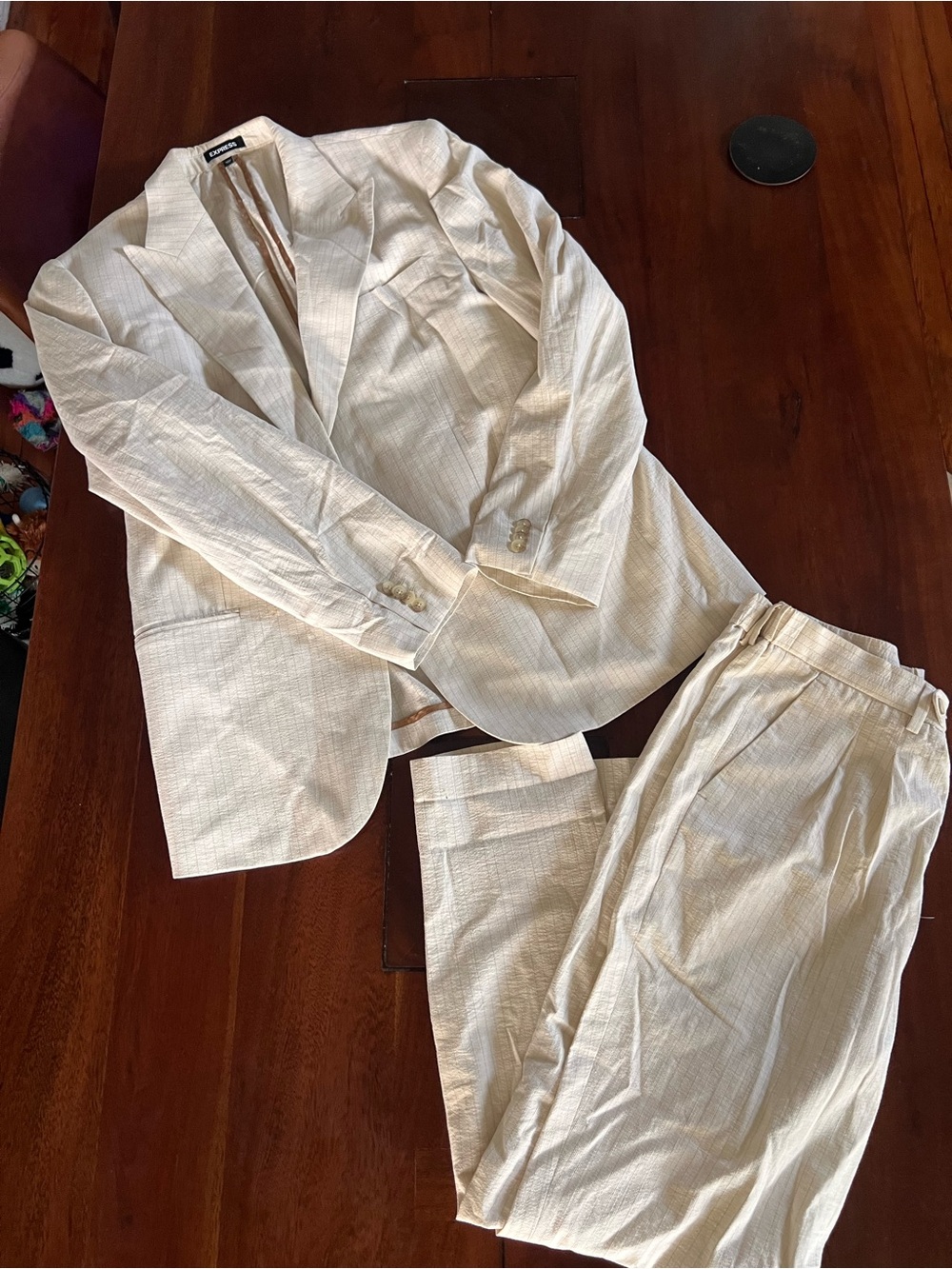 Express Cream and Tan (pin stripe) suit | 32x32, Extra Slim | Cotton Blend